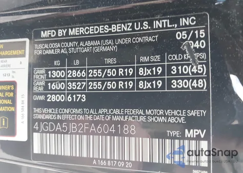 2015 Mercedes-Benz Ml 350 z USA, uszkodzony, nr VIN 4JGDA5JB2FA604188